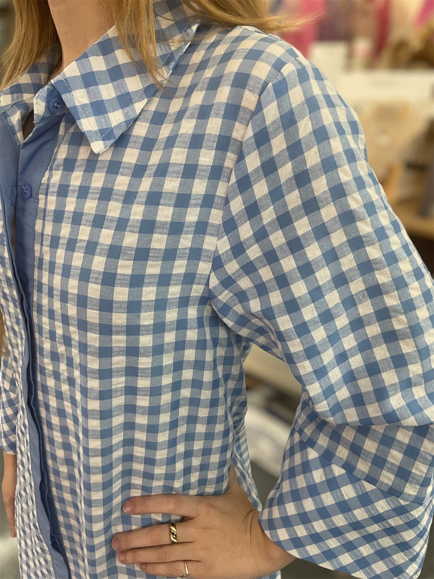 Blue Gingham Collared Shirt Dress