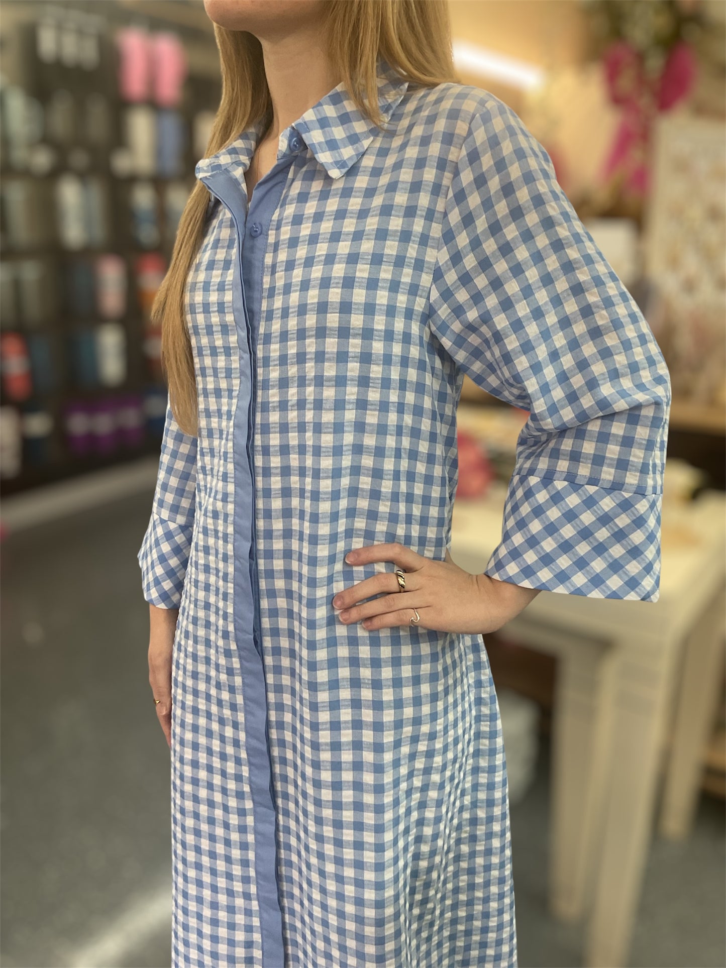 Blue Gingham Collared Shirt Dress