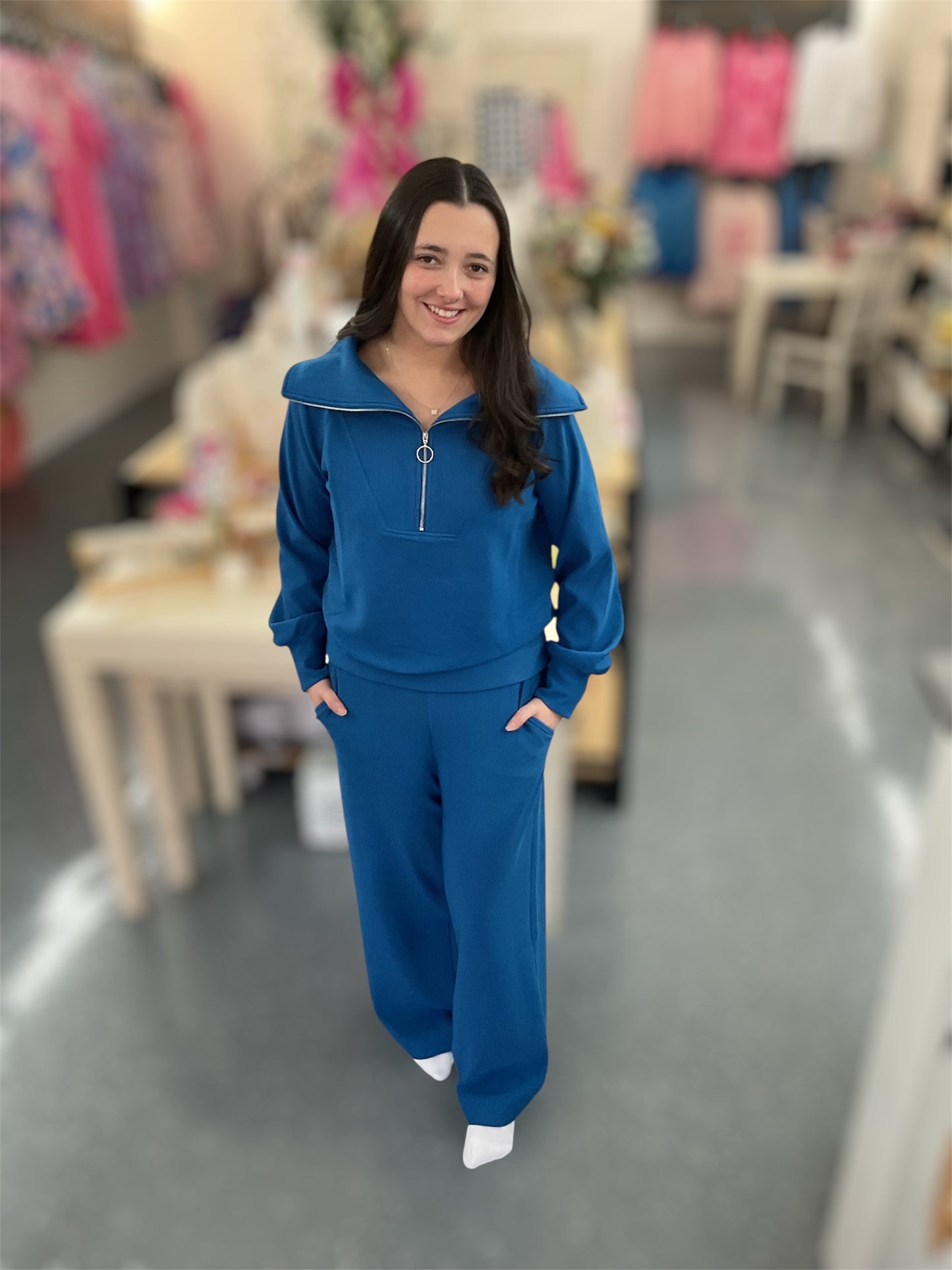 Blue Ribbed Zip Up Set