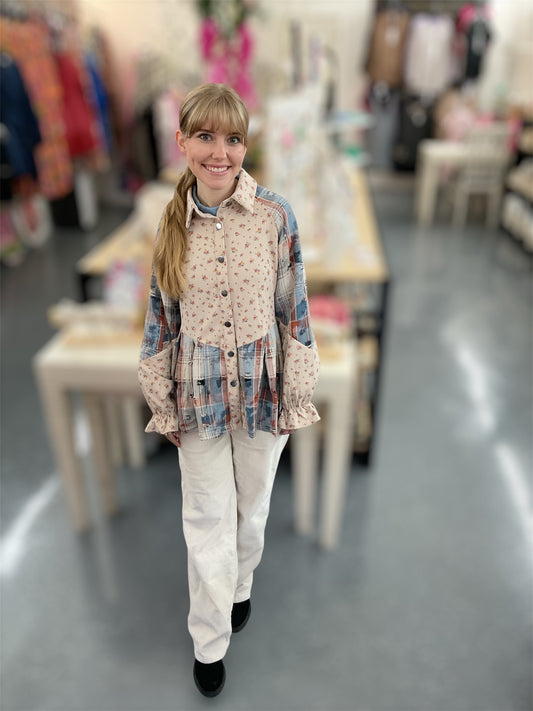 Blue Patchwork Floral Shacket