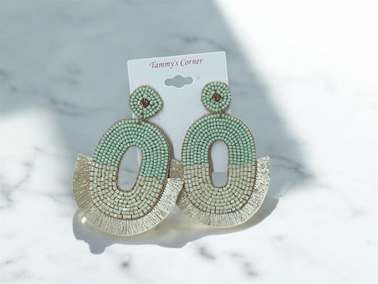 Beaded Oval Feathered Earrings