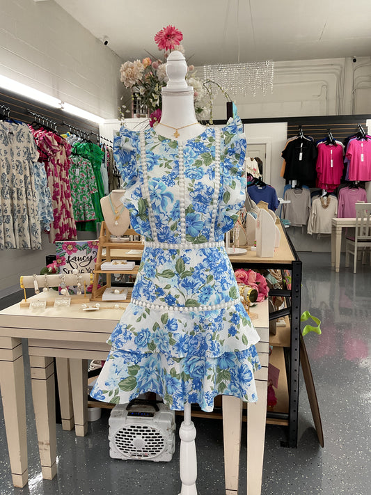 Blue Garden Ruffle Dress