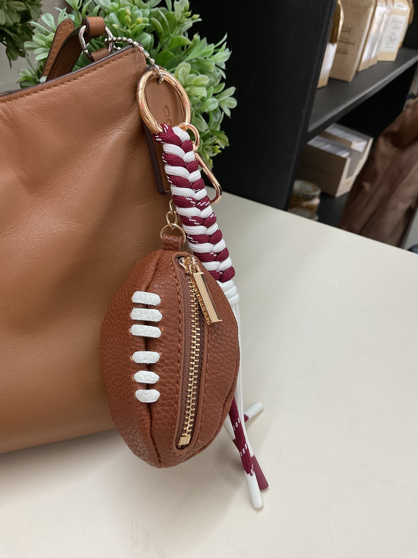 Maroon and White Touchdown Football Bag Charm