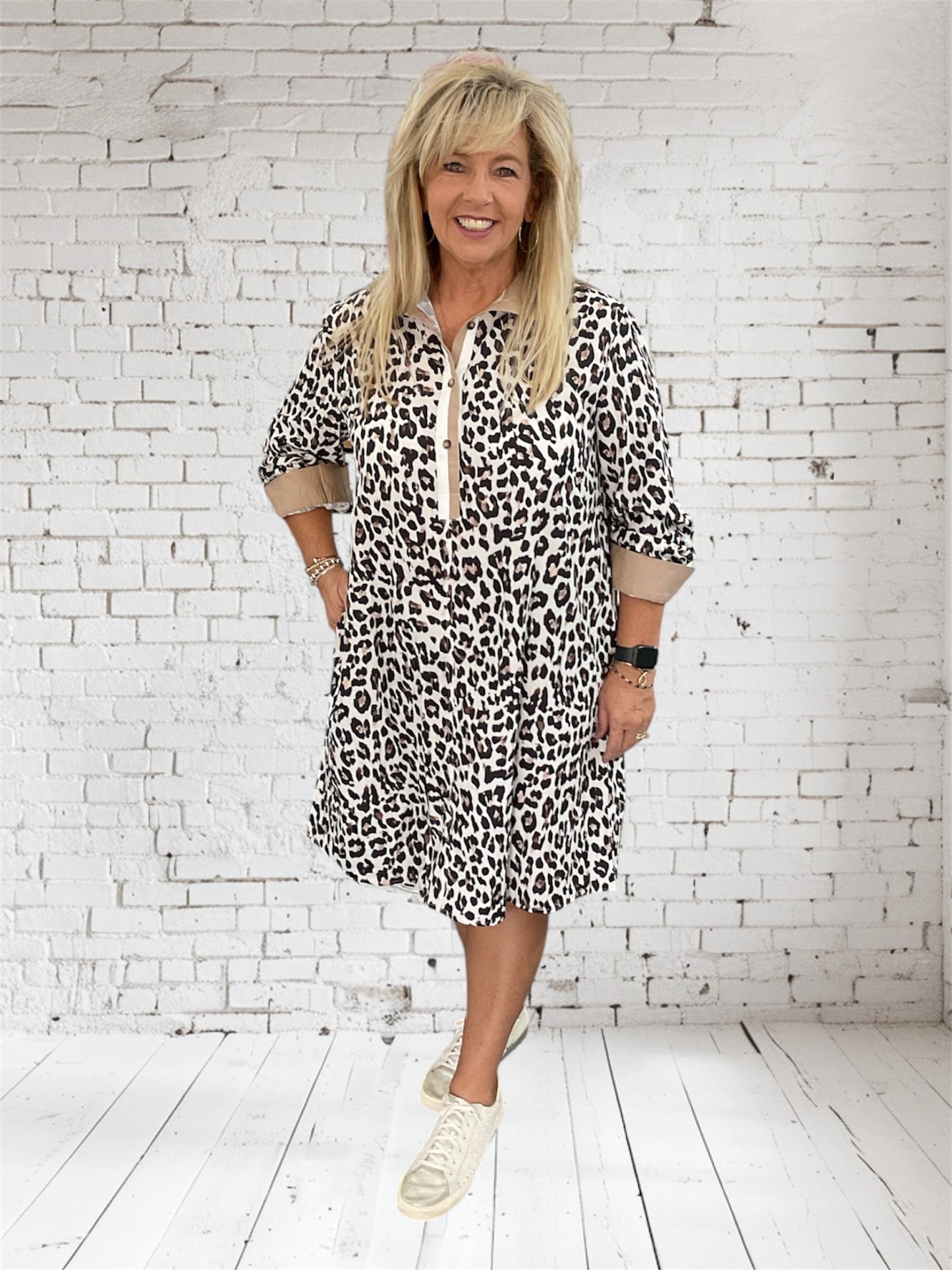 Leopard Button Striped Collar Dress