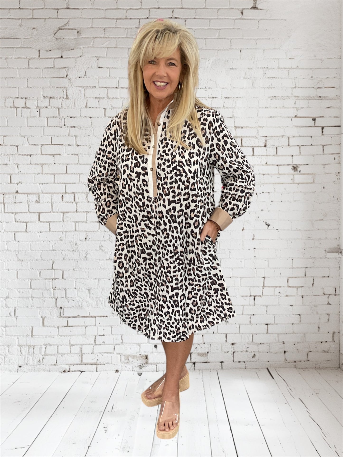 Leopard Button Striped Collar Dress