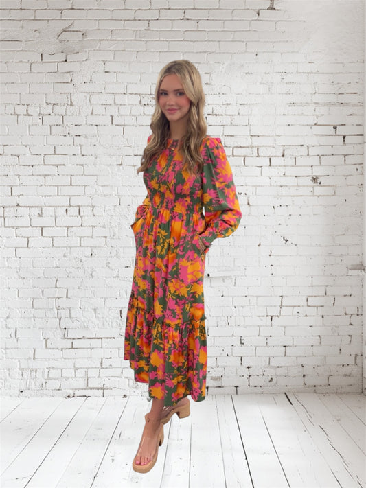 Orange Floral Puff Sleeve Dress