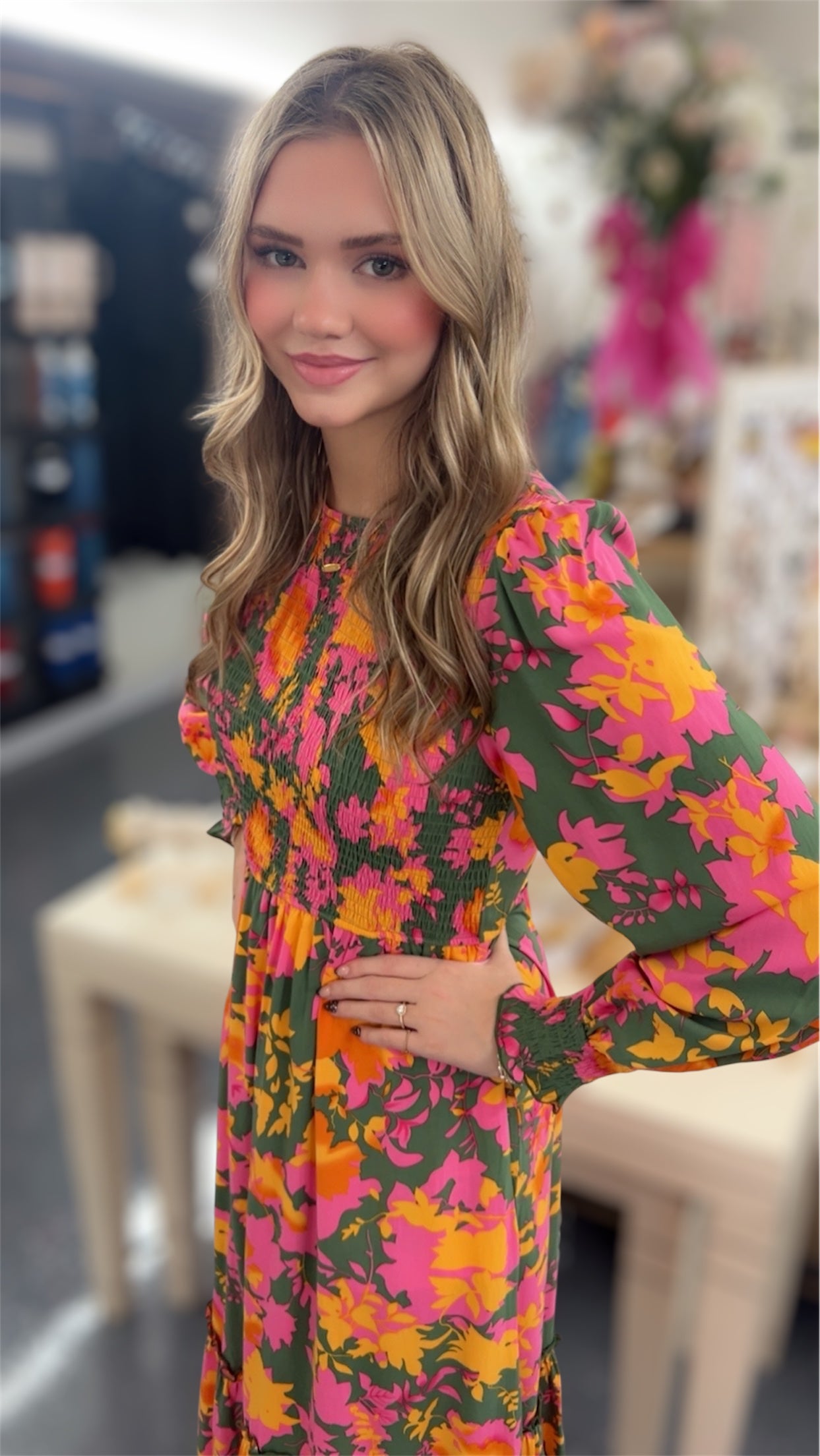 Orange Floral Puff Sleeve Dress