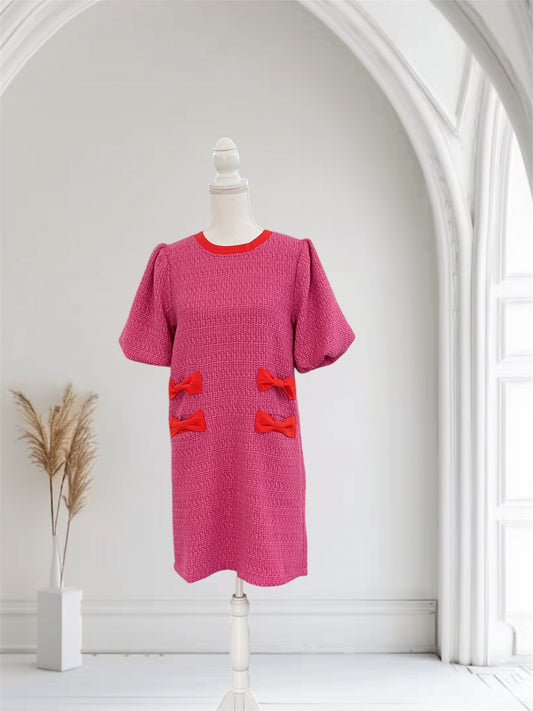 Pink Tweed Dress with Red Bows