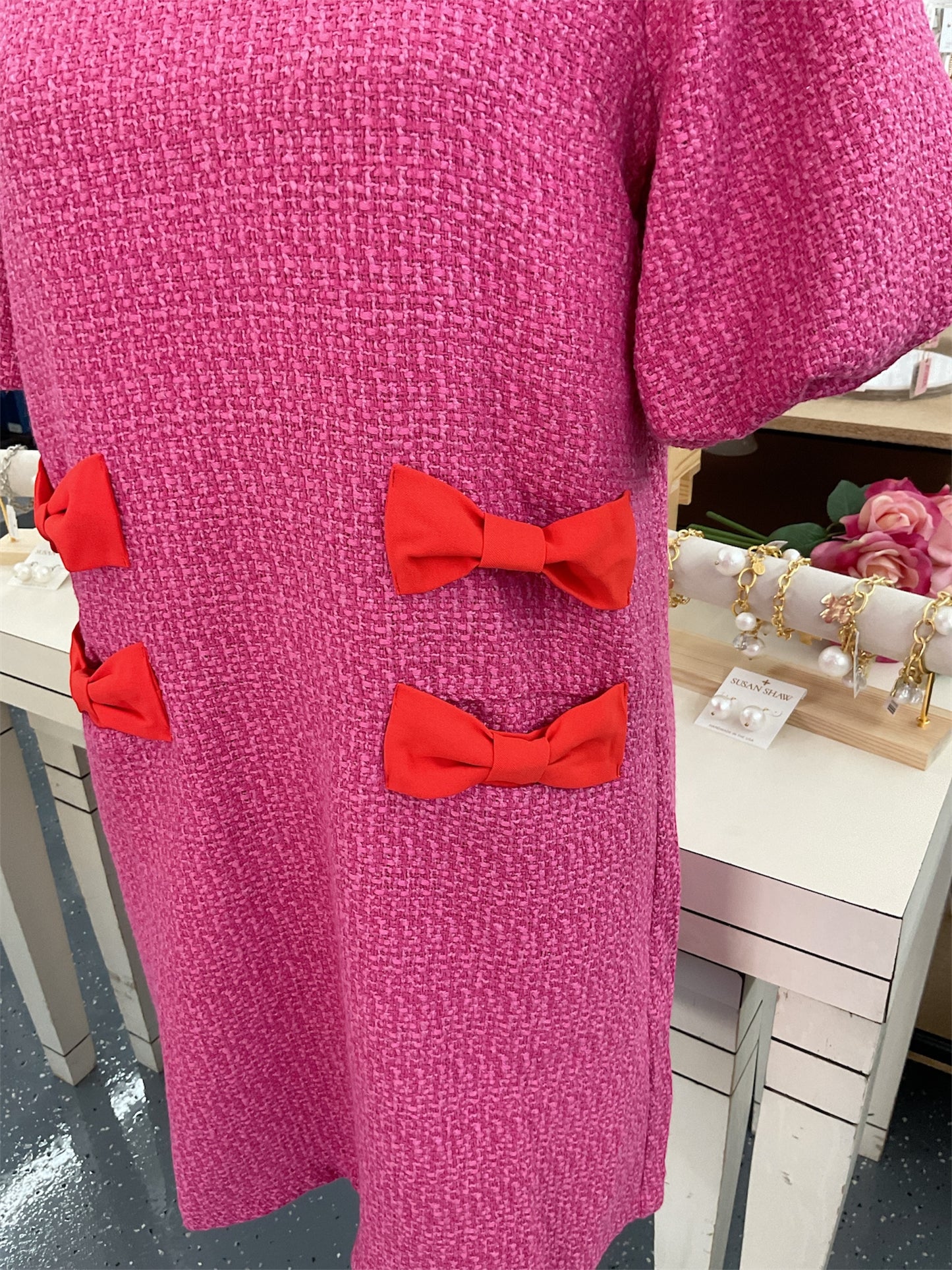 Pink Tweed Dress with Red Bows