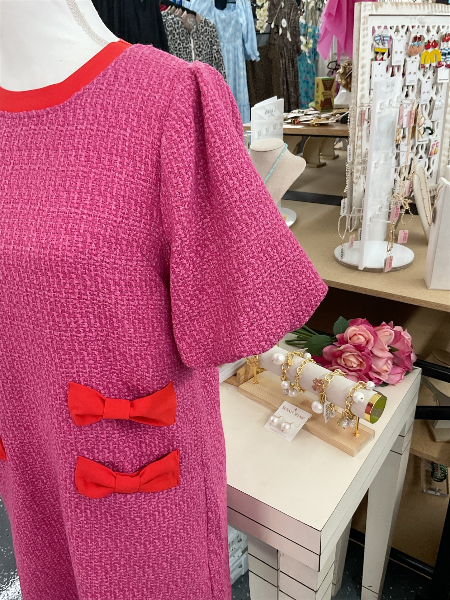 Pink Tweed Dress with Red Bows