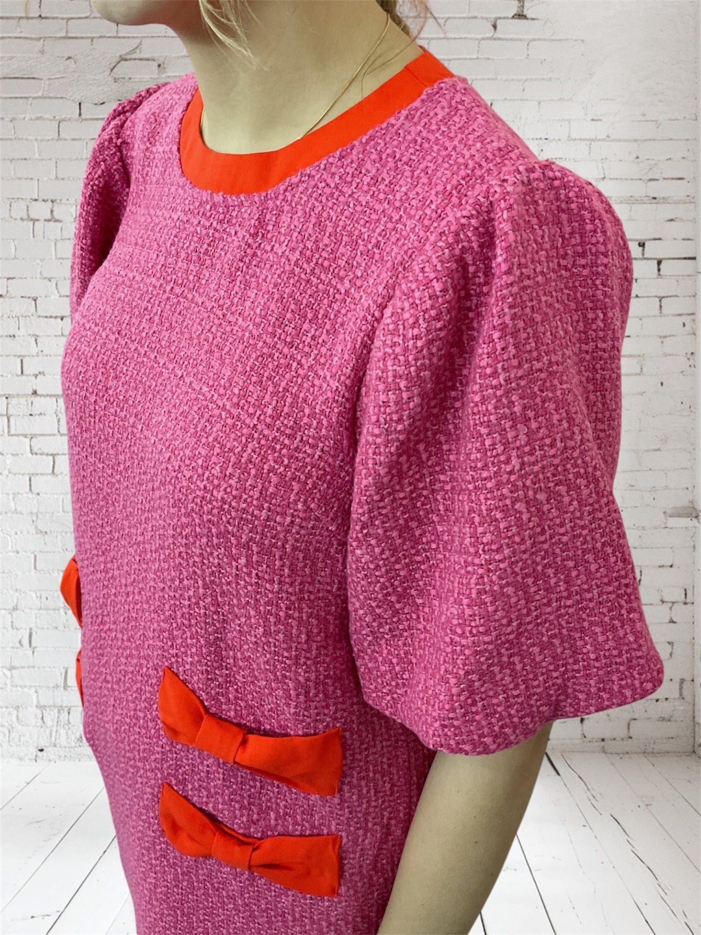 Pink Tweed Dress with Red Bows