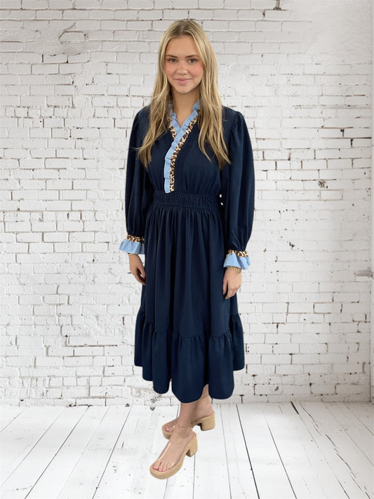 Navy Leopard Collar Dress