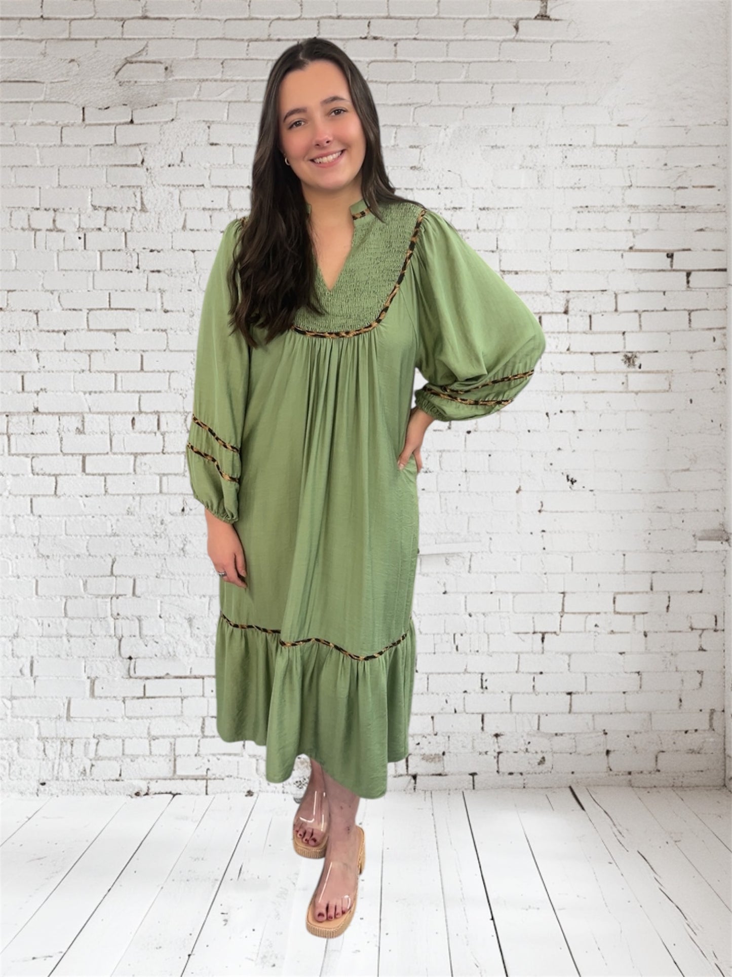 Sage Cheetah Trim Dress