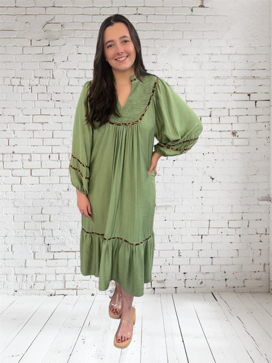 Sage Cheetah Trim Dress