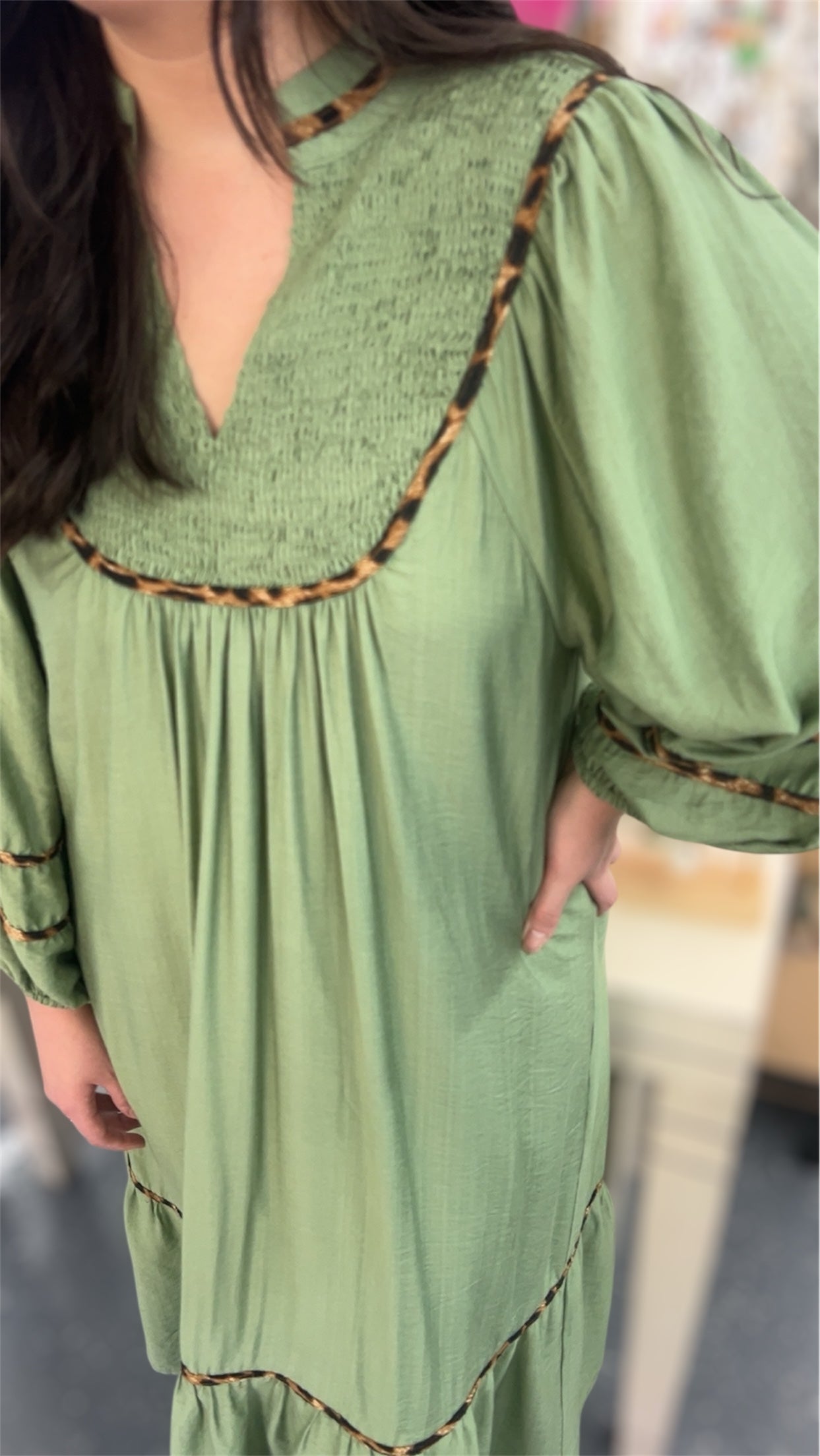 Sage Cheetah Trim Dress