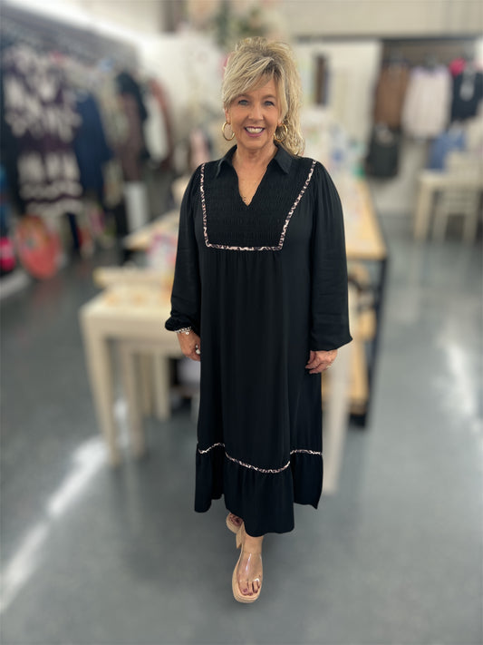 Cheetah Trim Black Dress