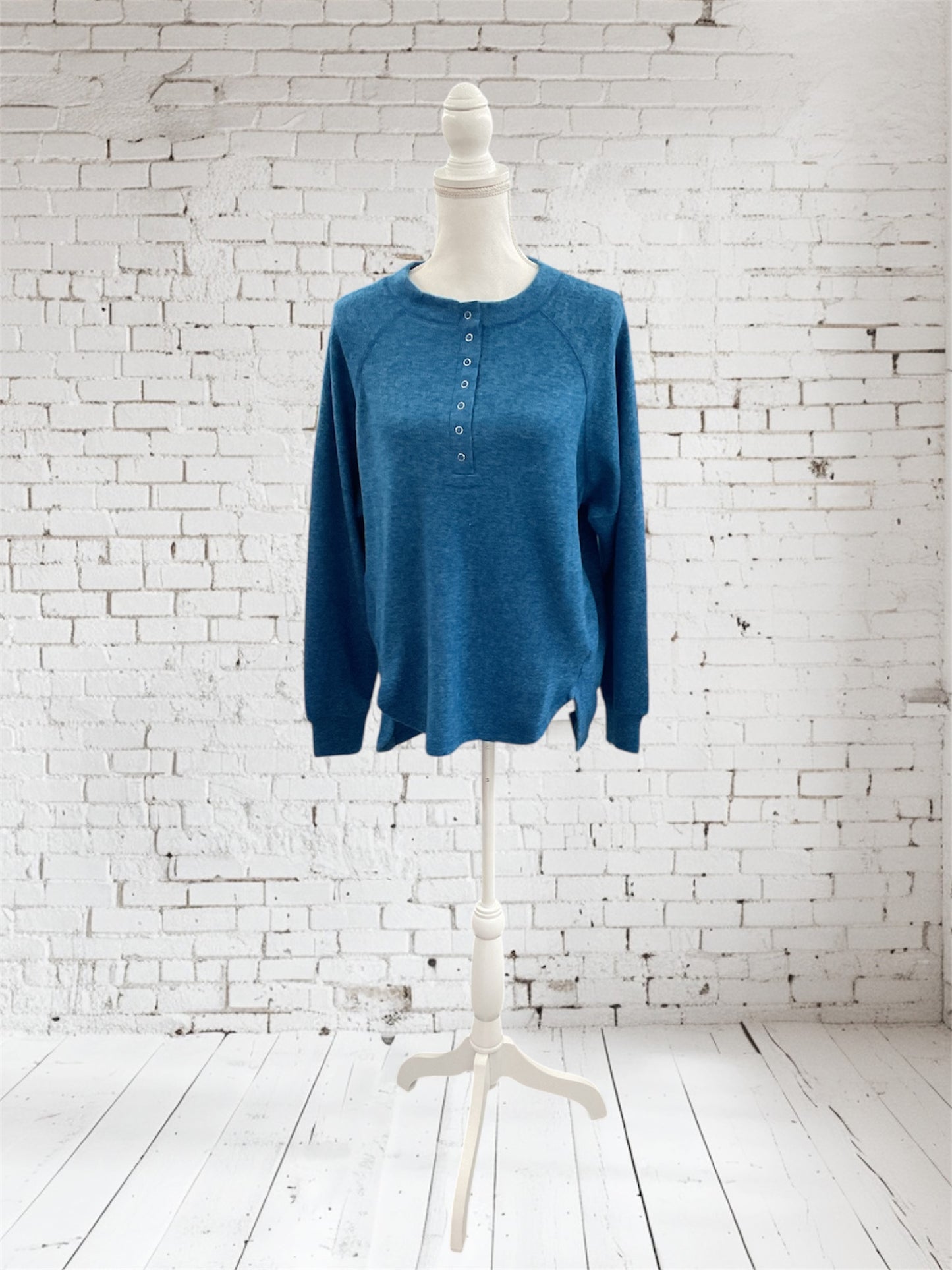 Brushed Hacci Knit Henley Sweater Classic Blue