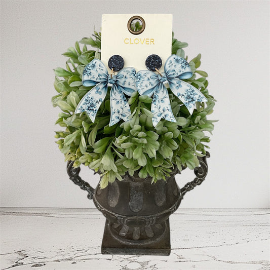 Blue and Navy Floral Bow Earrings
