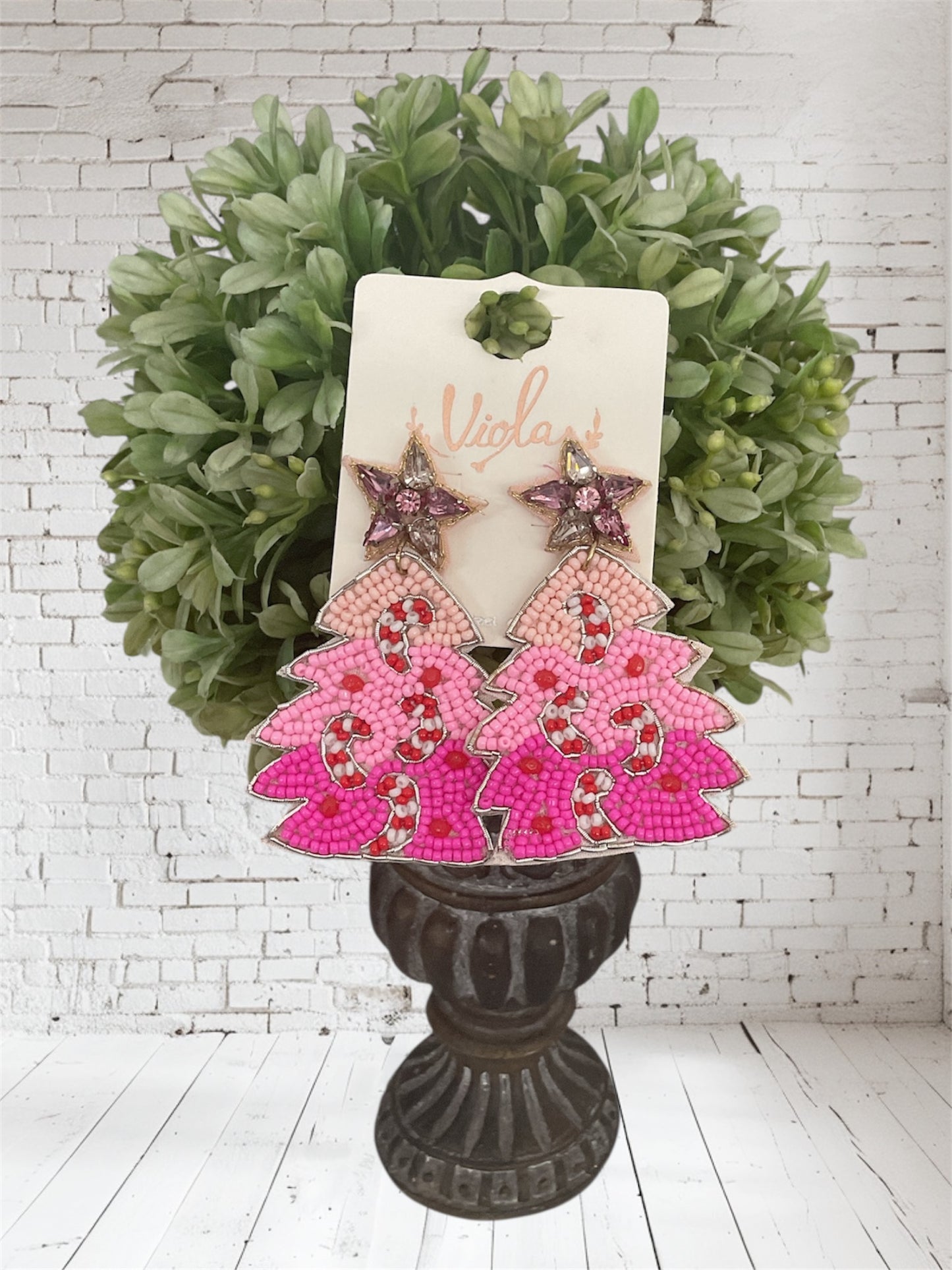 Pink Candy Cane Christmas Tree Earrings