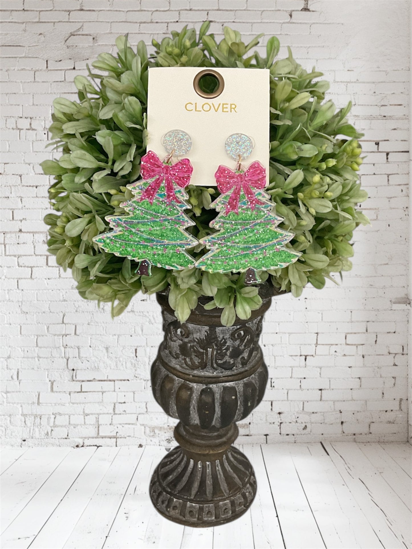 Pink Bow and Green Tree Glittery Earrings