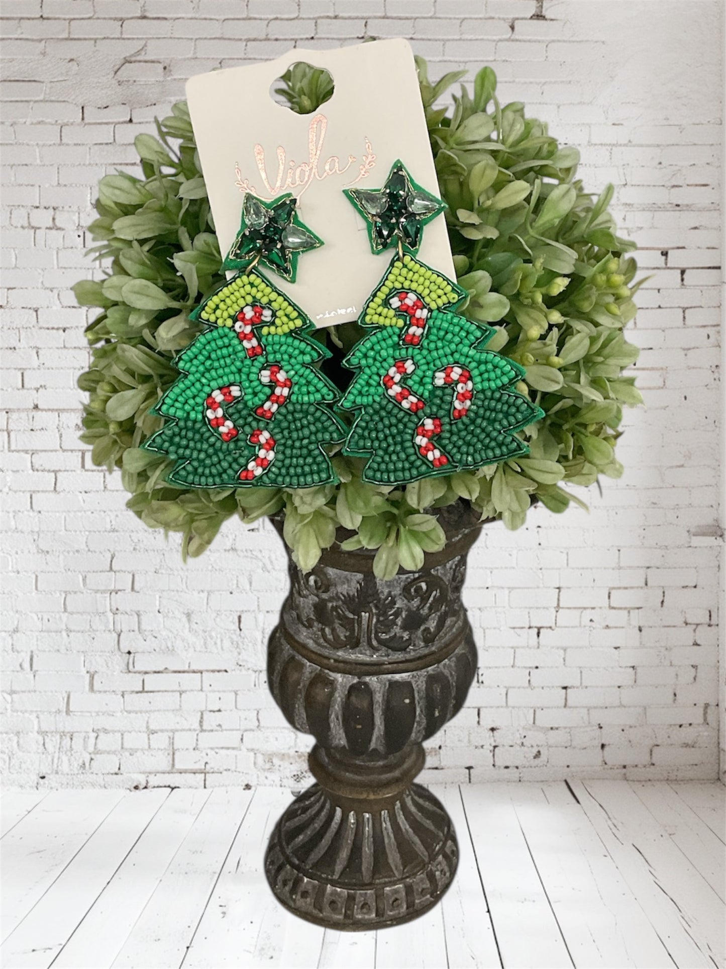 Green Tree and Candy Cane Beaded Earrings