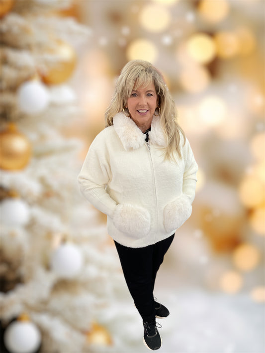 Sweater Coat with Fur Ivory