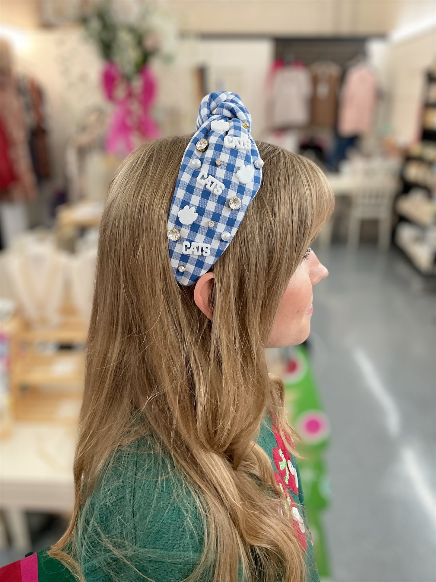 Blue Gingham CATS Embellished Headband
