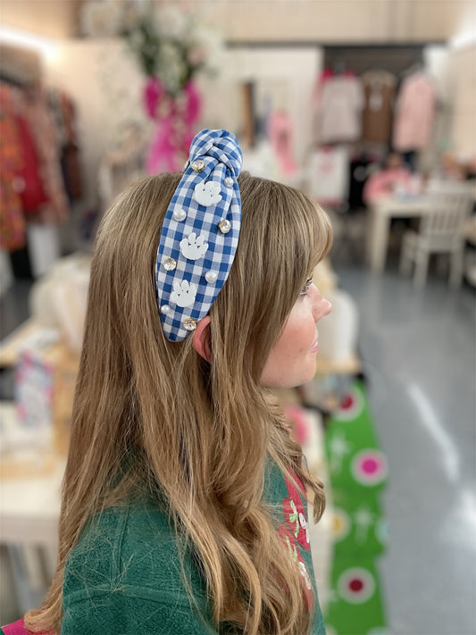 Blue Gingham Paws Embellished Headband