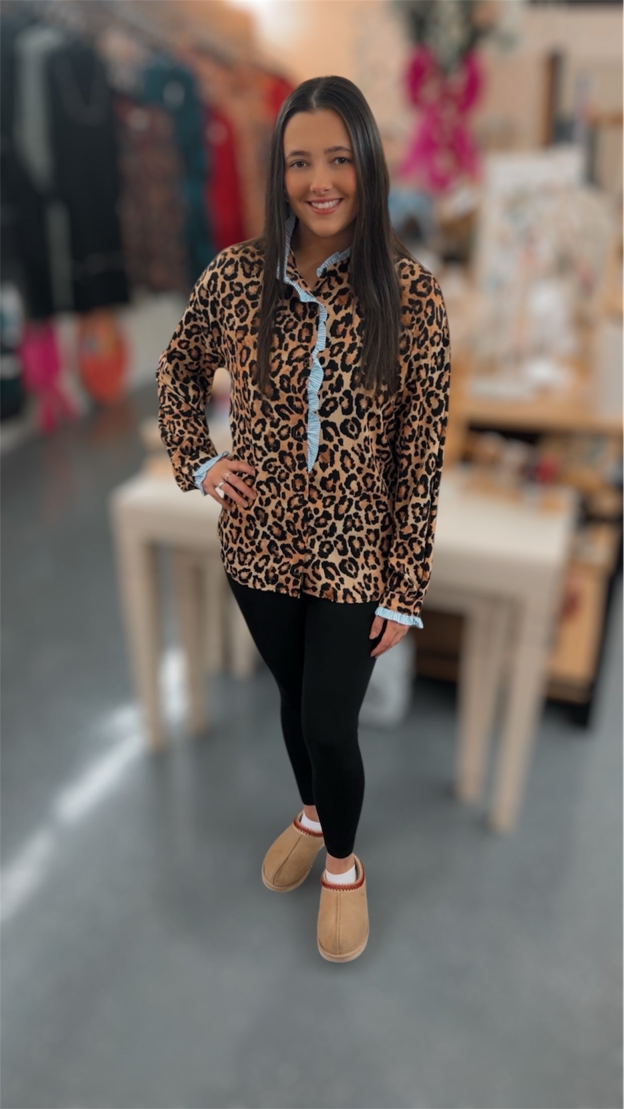 Blue Leopard Ruffle Top